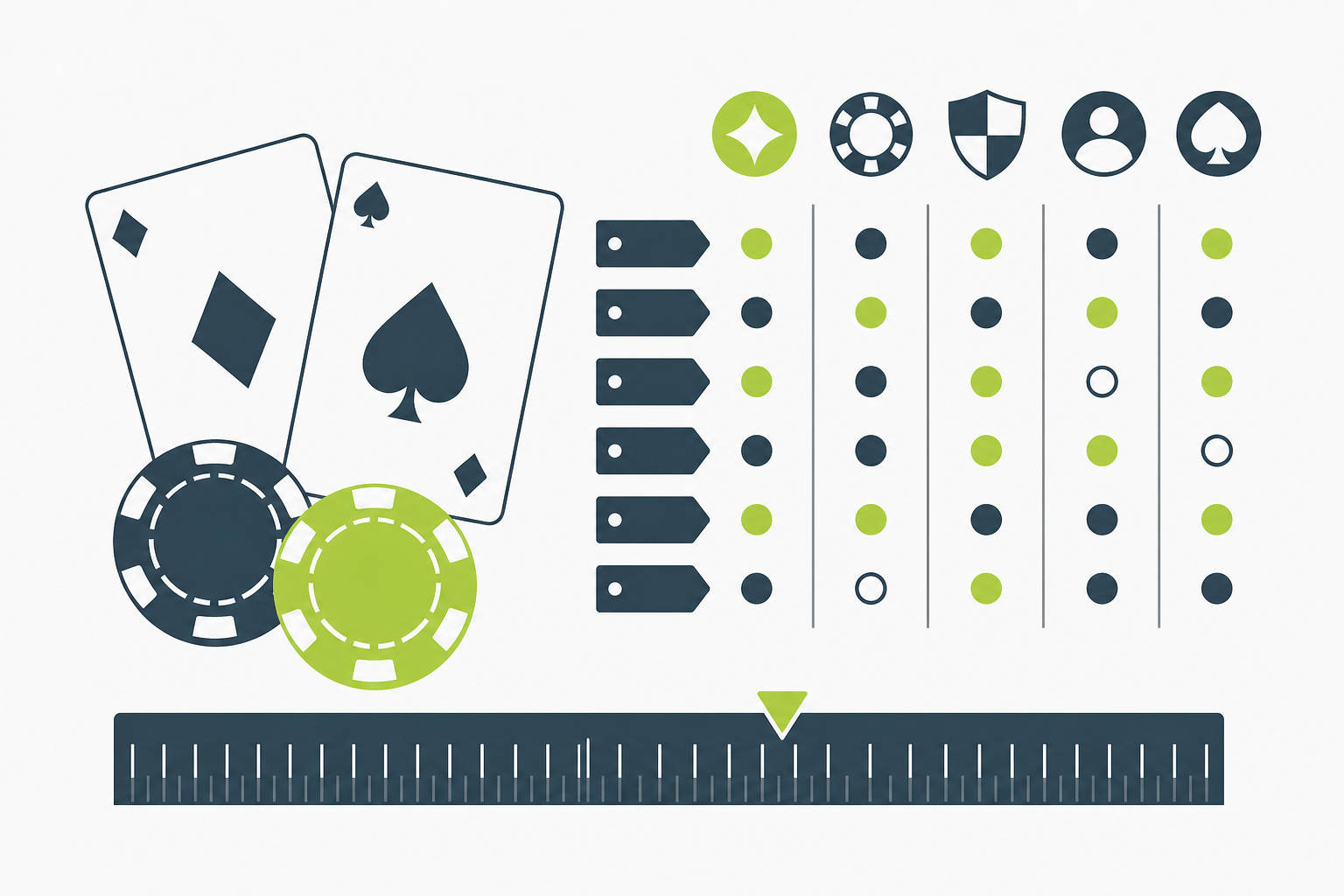 Illustrated cards, chips and a ruled comparison matrix