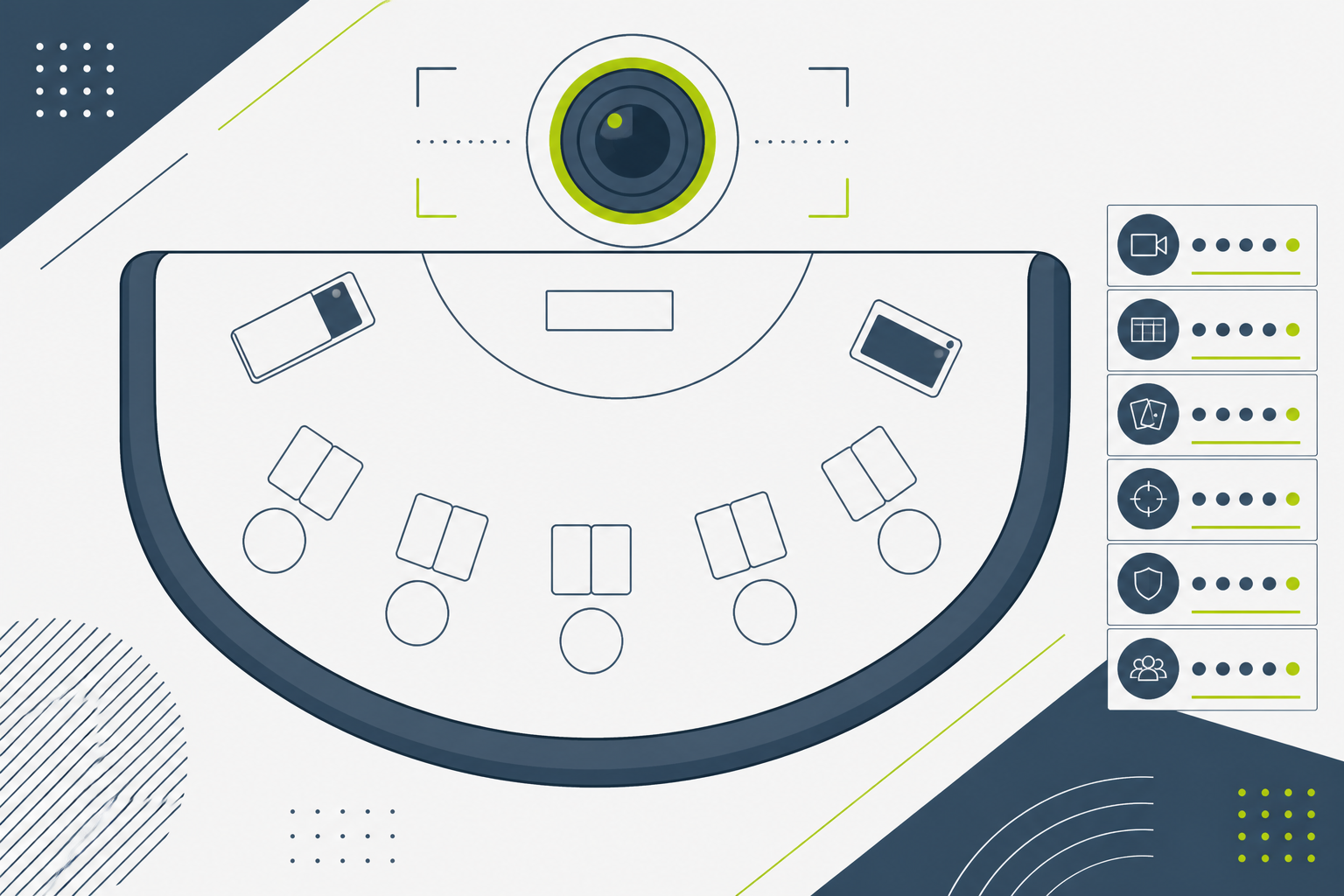 Illustrated live casino table with camera and evaluation marks